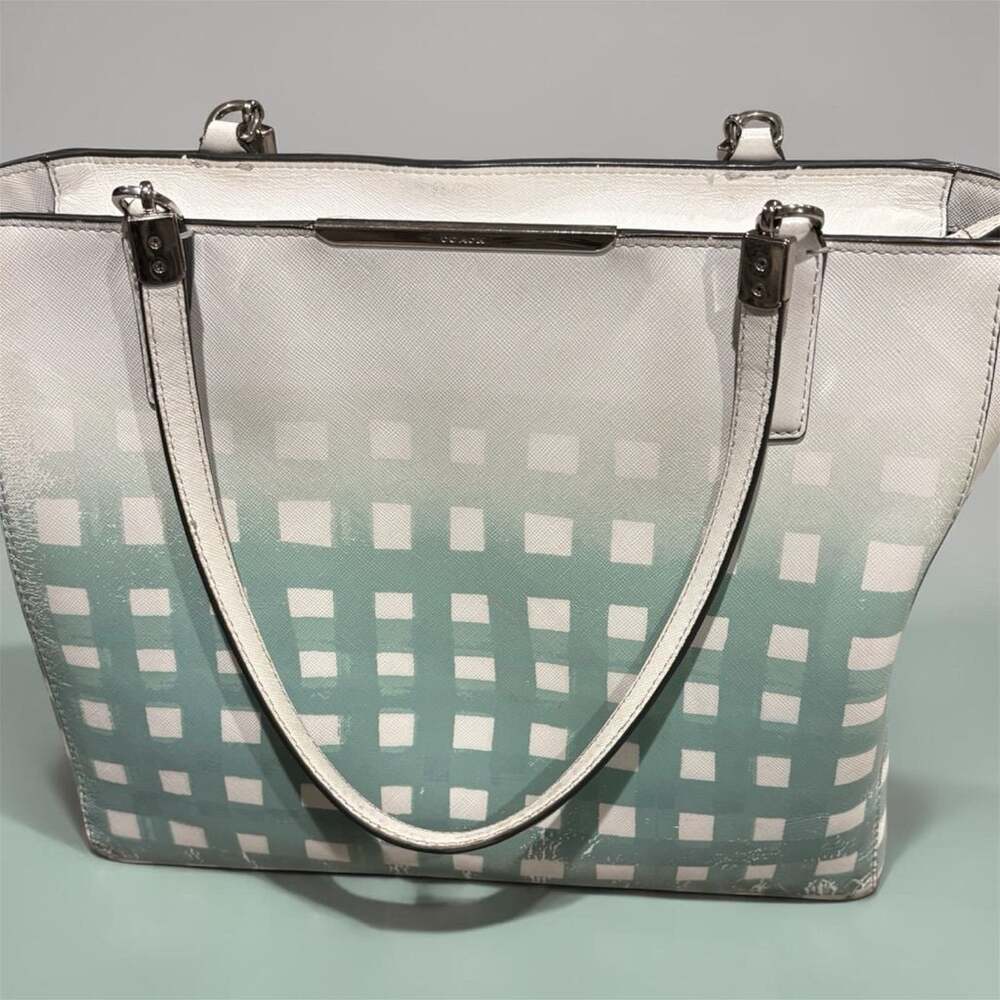 Coach Madison Gingham Saffiano Leather East/West Tote Bag White Teal 30118